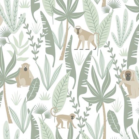 Manhattan Comfort Huntsville Kiki Light Green Monkeys 33 ft L X 209 in W Wallpaper BR4060-139071